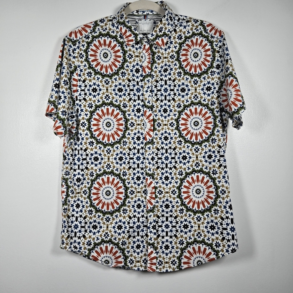 Denim & Flower Colorful Southwestern Mosaic Short Sleeve Button Down Shirt Large